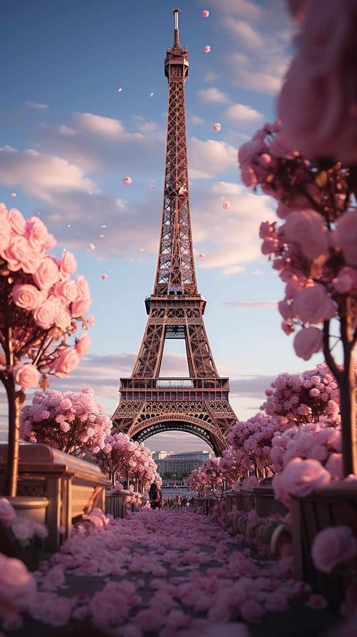 Torre Eiffel de Paris com caminho de flores